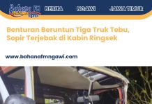 Benturan Beruntun Tiga Truk Tebu, Sopir Terjebak di Kabin Ringsek