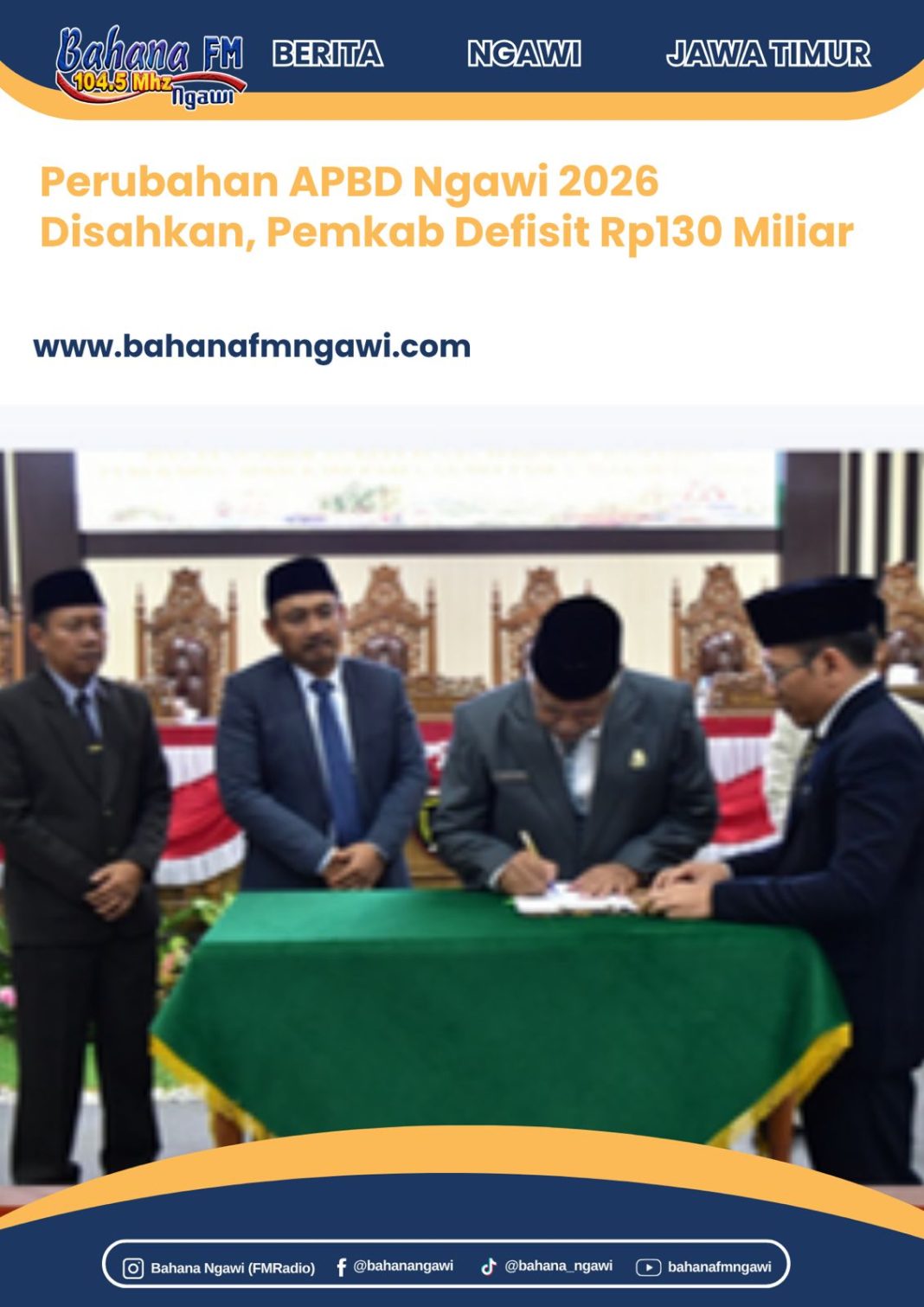 Perubahan APBD Ngawi 2026 Disahkan, Pemkab Defisit Rp130 Miliar